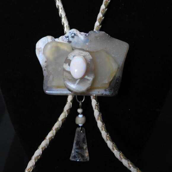 Handmade Artisan Moss Agate & Mexican Opal Bone Silver Bolo Tie - Picture 1 of 7
